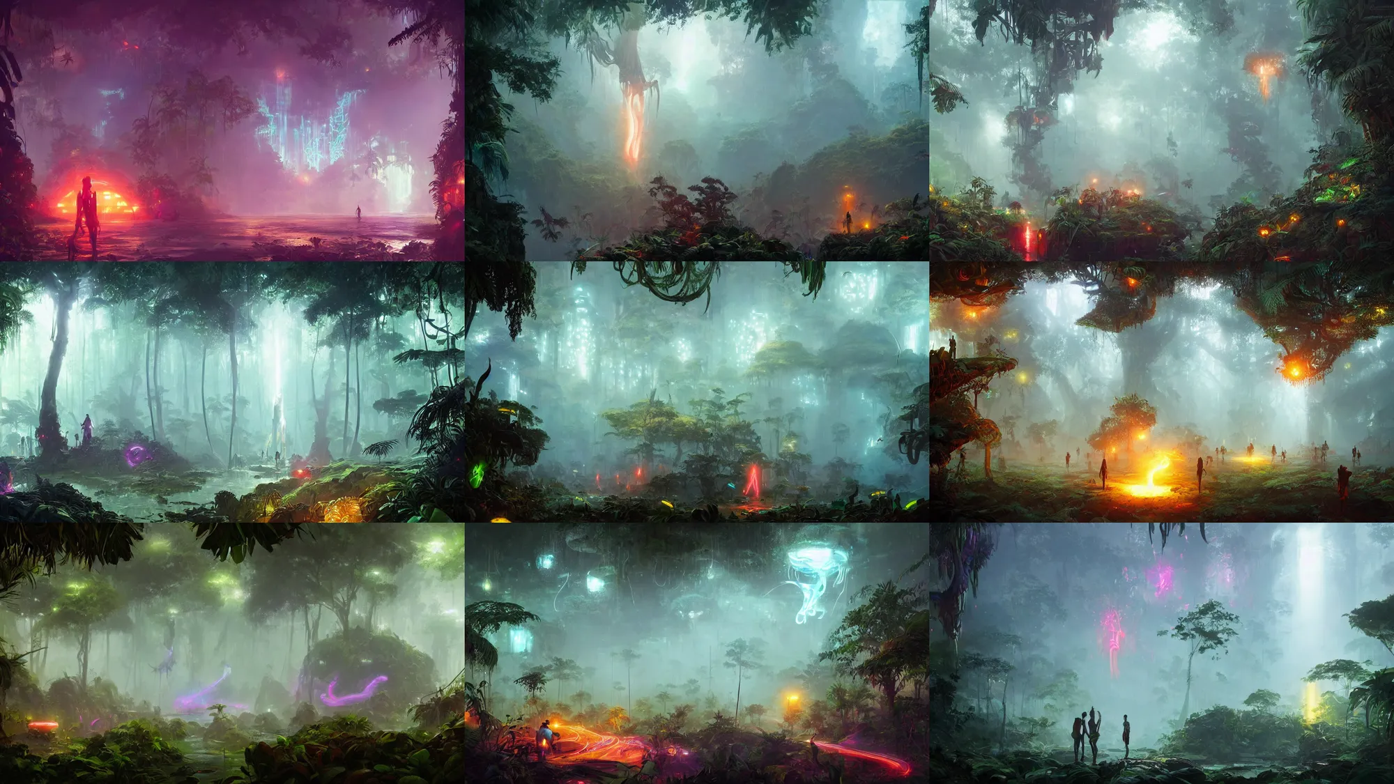 Prompt: glowing squid holograms, foggy jungle in the background, vibrant fantasy concept art by greg rutkowski