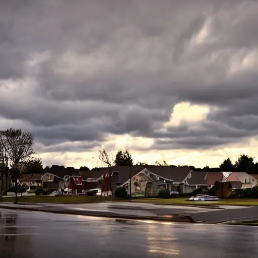 Prompt: rainy weather in the evening with the sunlight peeking through the clouds on an american suburb