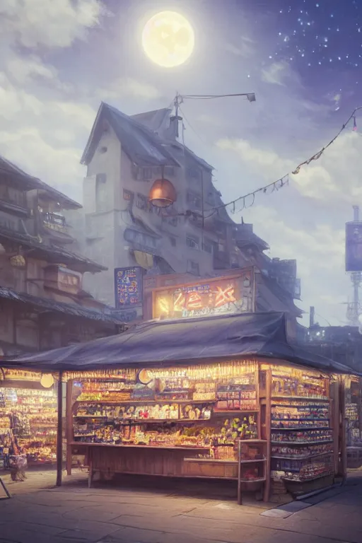 Image similar to a highly detailed matte painting of a single market stall with a sign under the moon and stars by studio ghibli, makoto shinkai, by artgerm, by wlop, by greg rutkowski, volumetric lighting, octane render, 4 k resolution, trending on artstation, masterpiece