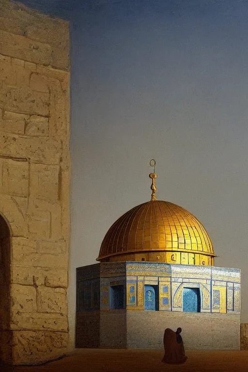 Image similar to a beautiful illustration of dome of the rock jerusalem and f a muslim is praying in front of it, impasto paint in the style of martin johnson heade and h. r. giger