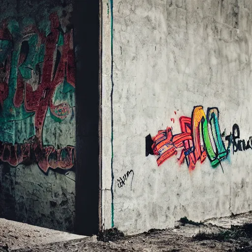 Prompt: photo of Graffiti reading PERFECT on abandoned Building wall, photorealistic 50mm lens, cinematic lighting