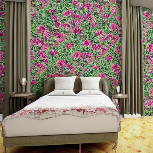 Image similar to a beautiful room with intricate wallpapers and flowers