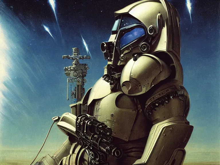 Image similar to a detailed profile painting of a bounty hunter in armour and visor, cinematic sci-fi poster. Spaceship high in the background. Flight suit, anatomy portrait symmetrical and science fiction theme with lightning, aurora lighting clouds and stars. Clean and minimal design by beksinski carl spitzweg and tuomas korpi. baroque elements. baroque element. intricate artwork by caravaggio. Oil painting. Trending on artstation. 8k