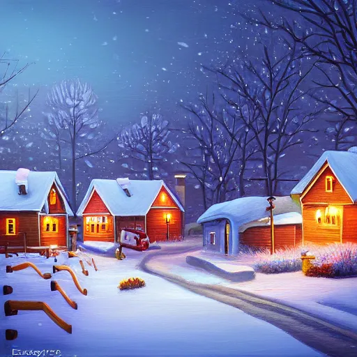 Prompt: town inspired by Evgeny Lushpin,winter,night time,cottages,cinematic,art station