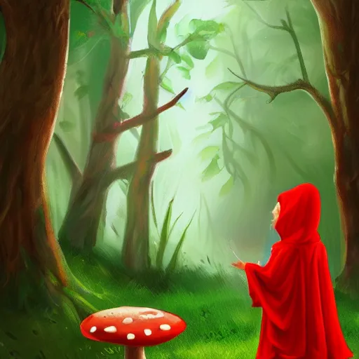 Image similar to little red riding hood is picking mushrooms in the forest digital art,oil painting,trending on artstation.