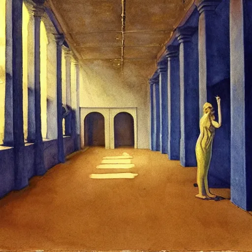 Prompt: procession of women in a blue and gold haunted liminal abandoned temple, watercolor by gottfried helnwein, by hammershøi, art noveau, highly detailed, lights by edward hopper, liminal, eerie, bright pastel colors