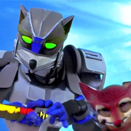 Prompt: a still of from the movie the running man crossover with the game star fox 6 4