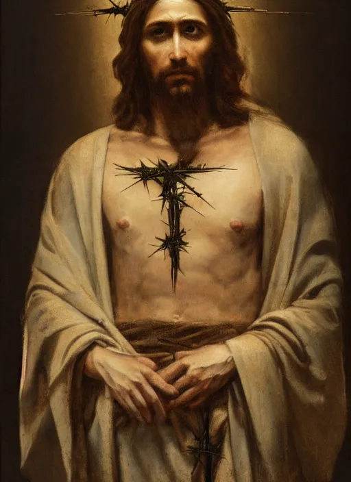 Image similar to portrait of jesus christ wearing a crown of thorns on the cross, by nicola samori, painting, 8 k, high detail