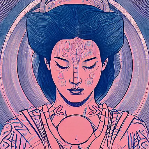 Image similar to female oracle in meditation, detailed, ambient lighting, in the style of james jean