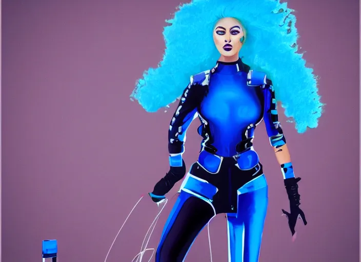Image similar to a woman with blue hair wearing a futuristic outfit by hedi xandt, trending on behance, afrofuturism, futuristic, airbrush art, future tech