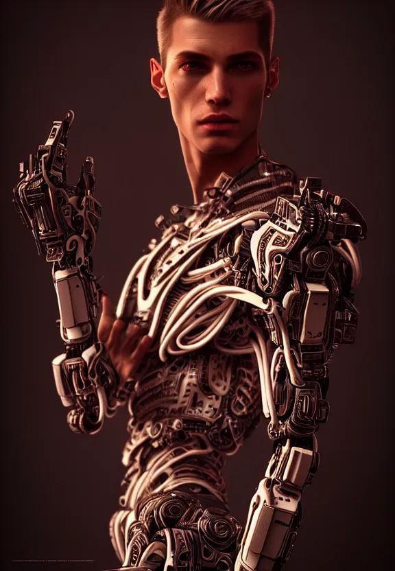 Image similar to ultra realist intricate detailed painting of a single attractive ( ( cyborg ) ) male, neon tech, model pose, art by vitaly bulgarov and nivanh chanthara, hyperrealistic, soft lighting, octane render