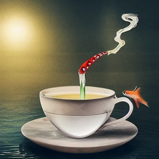 Prompt: photomanipulation of a supernatural fish drinking a cup of tea by a straw.