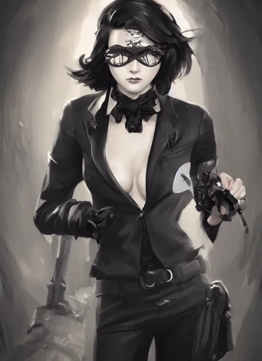 Image similar to a highly detailed illustration of beautiful short black messy haired woman wearing eyepatch!!! and noir style suit and tie, dramatic smiling pose, intricate, elegant, highly detailed, centered, digital painting, artstation, concept art, smooth, sharp focus, league of legends concept art, WLOP