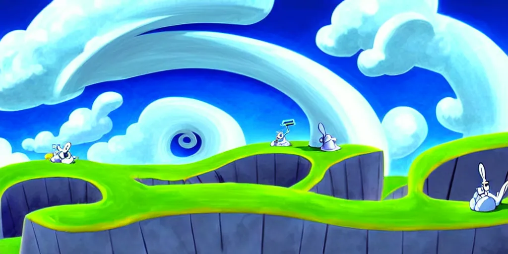 Image similar to cartoon concept art, clean blue sky spiral clouds, from sam and max