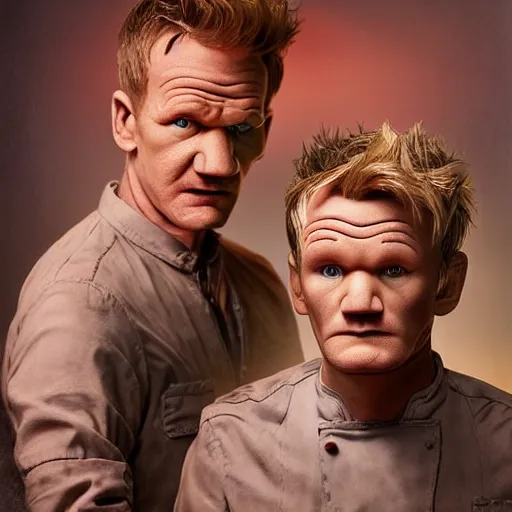 Image similar to gordon ramsay and neil patrick harris, pirates, focused, mugshots, photoshoot, sharp details, face photo, face details sharp, by donato giancola and greg rutkowski and wayne barlow and zdzisław beksinski, eyeballs, product photography, action figure, sofubi, studio lighting, colored gels, colored background,