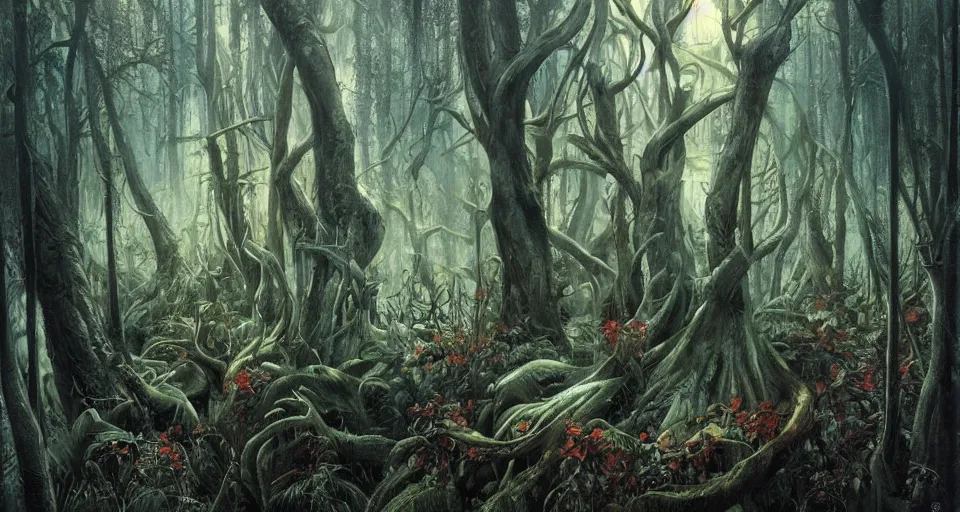 Image similar to A dense and dark enchanted forest with a swamp, by Karol Bak, by Gainax Co,