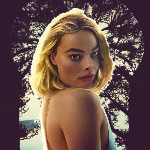 Image similar to double exposure photography of margot robbie and nature