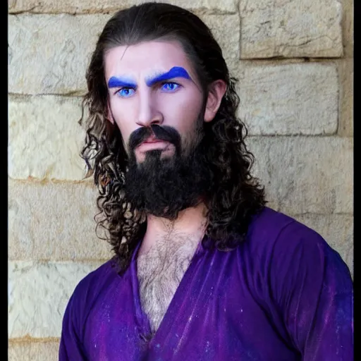 Image similar to Daario is lithe and smooth skinned with bright, deep blue eyes which can appear almost purple. His curly hair reaches his collar, and he keeps his beard cut in three prongs. Daario dyes his hair and trident beard, in blue and other times in deep purple. His fingernails are also enameled blue. His mustachios are painted gold, and he has a large, curving nose. A golden tooth gleams in in his mouth.