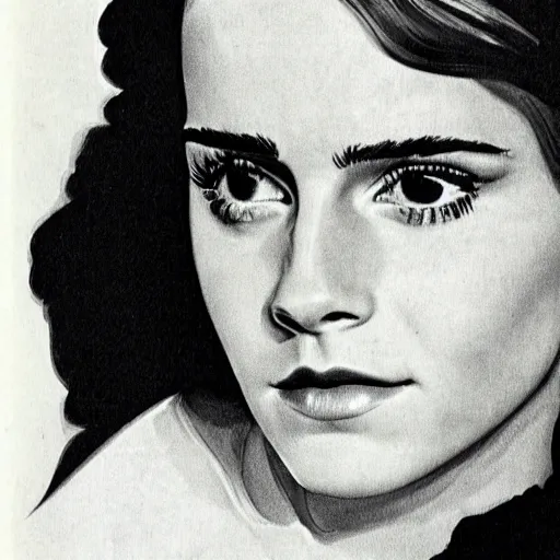 Image similar to Emma Watson portrait, vintage magazine illustration 1950