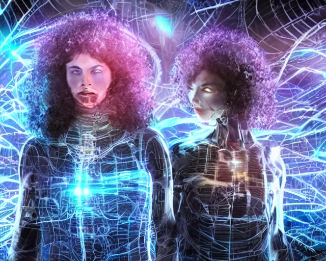 Image similar to complex cybernetic beings, glowing hair, beautiful hairy humanoids, singularity demigods, cybermagnetospheres, cybernetic civilizations, ornate hair, love, joy, bliss, vortexes, large arrays, data holograms, 8 k, cinematic light shadows, wet hdr refractions, volumetric