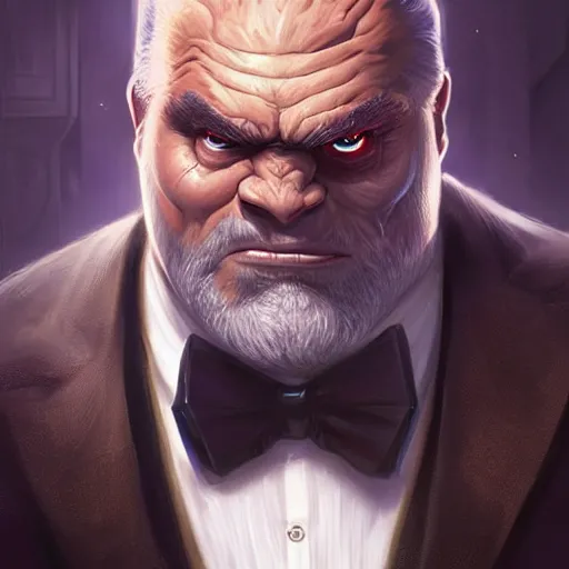 Image similar to ogre wearing a tuxedo, cinematic lightning, d & d, fantasy, highly detailed, digital painting, sharp focus, illustration, art by artgerm and greg rutkowski and magali villeneuve