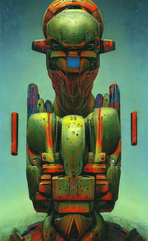 Image similar to portrait of mecha african tribal chief, symmetrical, dramatic lighting, colourful, art by zdzislaw beksinski,