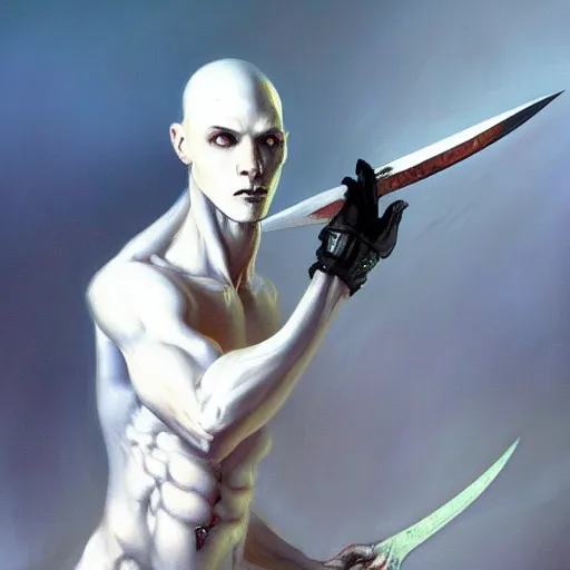 Image similar to fantasy painting of a pale man with a black blade, painted by Bayard Wu, ultra detailed, 8k