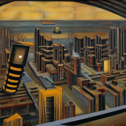 Image similar to cutaway section brutalist giant robot, people living inside, dystopian, pj crook, edward hopper, oil on canvas