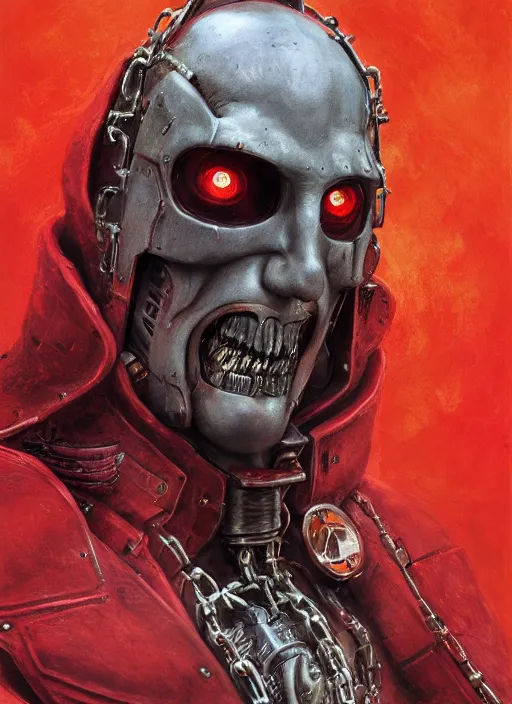 Image similar to portrait of rotten Nicolas Cage as adeptus mechanicus in red hood and robe from Warhammer 40000. Highly detailed, artstation, illustration by and John Blanche and zdislav beksinski and wayne barlowe