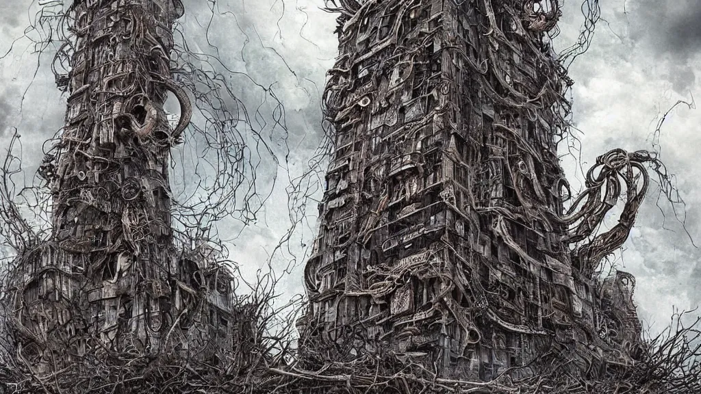 Image similar to bio-organic detailed tower building with tendrils and a giant Eyeball!!! at the top, looking over a stormy post-apocalyptic wasteland, dystopian art, wide lens