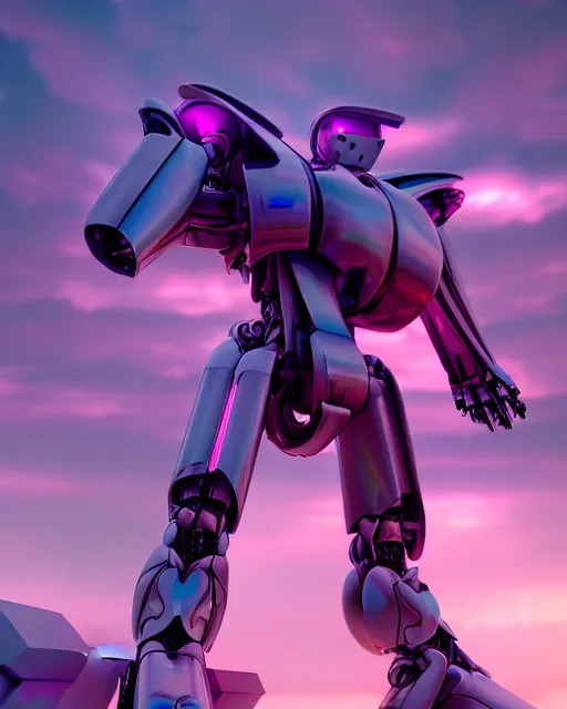Prompt: hyperrealistic 3d render mecha iridescent pink cloudy landscape background concept art vray ute osterwald de chirico sharp cinematic very moody light 8k low angle shallow depth of field