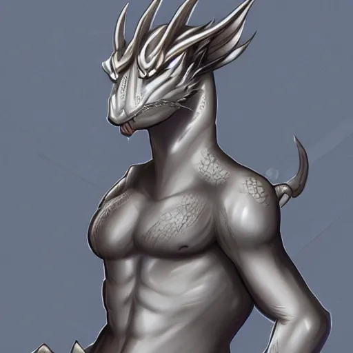 Prompt: upper body portrait of a handsome noble anthropomorphic silver dragon, male, commission on furaffinity