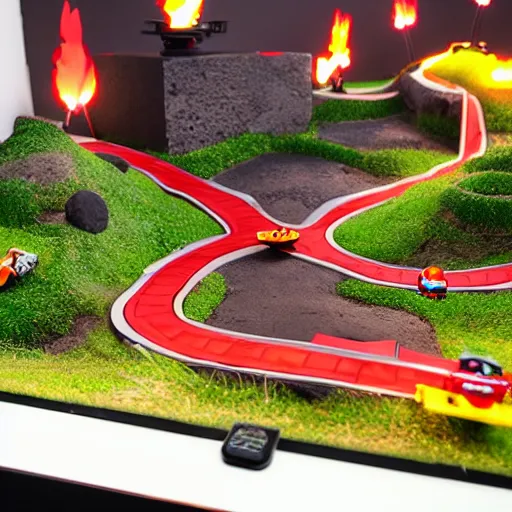 Prompt: diorama of a lava-themed mario kart track, studio lighting, high quality photo