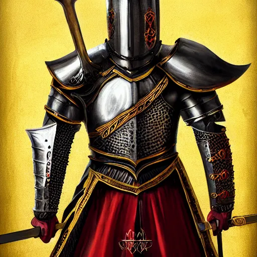 Prompt: Extremely high detail photo of a knight with black harnass, golden details, bright red yes, full body, long sword, battle scars, great red feather, kingdom, high detail painting, digital art, Trending on Artstation