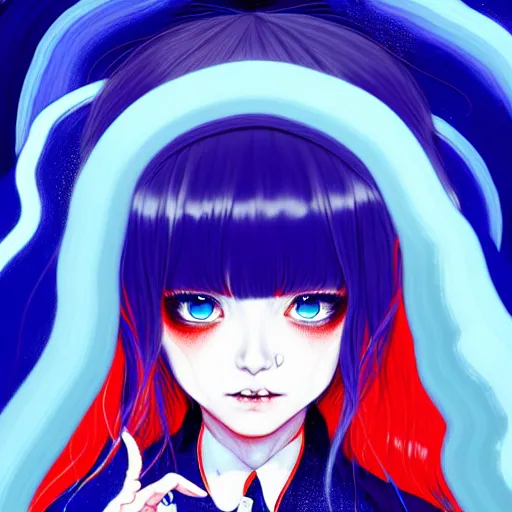 Image similar to blue slime swirling around rimuru tempest with black wings, enveloped in ghosts, sky blue straight hair, bangs, with amber eyes, red tailcoat, high collar, ultra fine detail, dark theme, digital painting, psychedelic, cinematic, wlop, pixiv, ilya kuvshinov, ross tran