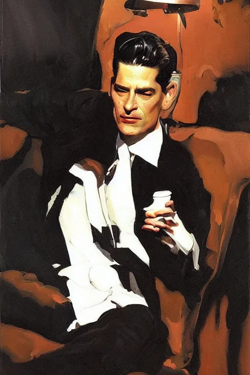 Prompt: dale cooper drinking coffee, coffee spilling, waves of black liquid, painting by jc leyendecker!! phil hale!, lynchian!!!! ominious, dark lighting, angular, brush strokes, painterly, vintage, crisp