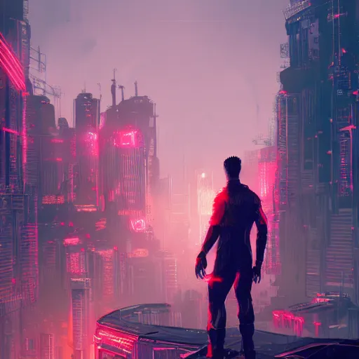 Image similar to male character with short white hair, has a singular robotic arm, city in background, neonpunk, dystopian, scifi, intricate, detailed red lighting, digital art, trending on artstation