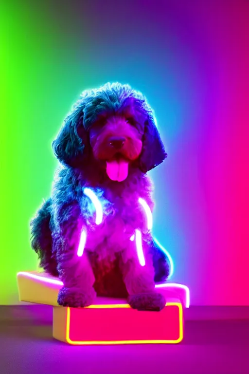 Image similar to a cute bernedoodle puppy sitting in gaming chair + neon rgb light strips, large computer monitor, space themed walls, vaporwave, dramatic, confident, rule of thirds, 4 k, award winning, octane render, volumetric lighting