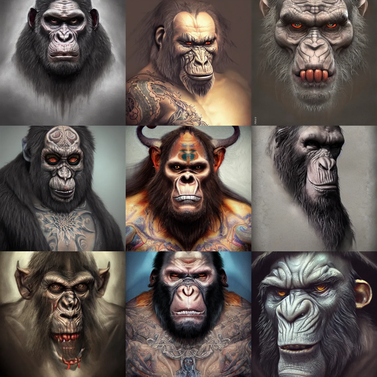 Prompt: a wlop 3 d render of very very very very highly detailed beautiful mystic portrait of a phantom ape demon with tattoos by anton pieck, intricate, extremely detailed, digital painting, artstation, concept art, smooth, sharp focus, illustration, intimidating lighting, incredible art,