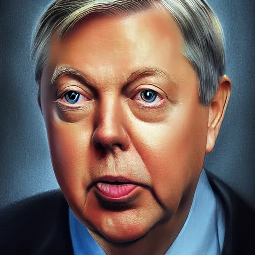 Image similar to one singular portrait of lindsey graham and a huge ladybug from nightmares. highly detailed, digital painting, cinematics, hyper realistic. dark retrowave. by stanley lau, villeneuve