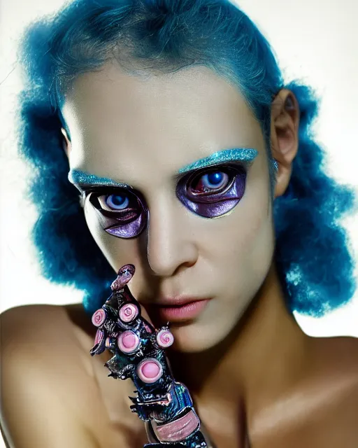 Prompt: natural light, soft focus portrait of a cyberpunk anthropomorphic fly with soft synthetic pink skin, blue bioluminescent plastics, smooth shiny metal, elaborate ornate jewellery, piercings, skin textures, by annie leibovitz, paul lehr