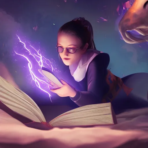 Prompt: a girl reading a magic book, magical creatures flying from the book, cinematic lightning, trending on artstation, 4k, hyperrealistic, focused, extreme details, masterpiece, unreal engine 5