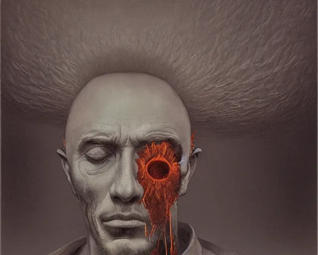 Image similar to A portrait of a man with an exploding head by Zdzisław Beksiński and Ilya Repin,In style of AbstractPainting.digital illustration,hyper detailed,sharp focus,4k