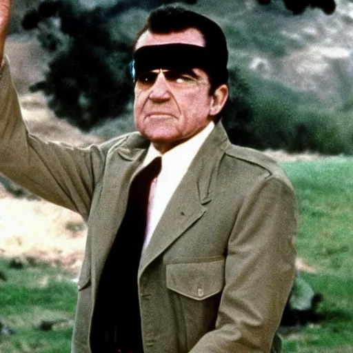 Prompt: A still of Richard Nixon as Rambo in Rambo First Blood