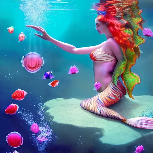 Image similar to a beautiful full body portrait of a swimming mermaid, half woman half betta fish, surrounded by colorful jellyfishes by James C Christensen, underwater, cinematic lighting, 4K, octane render, deviantart, wide angle