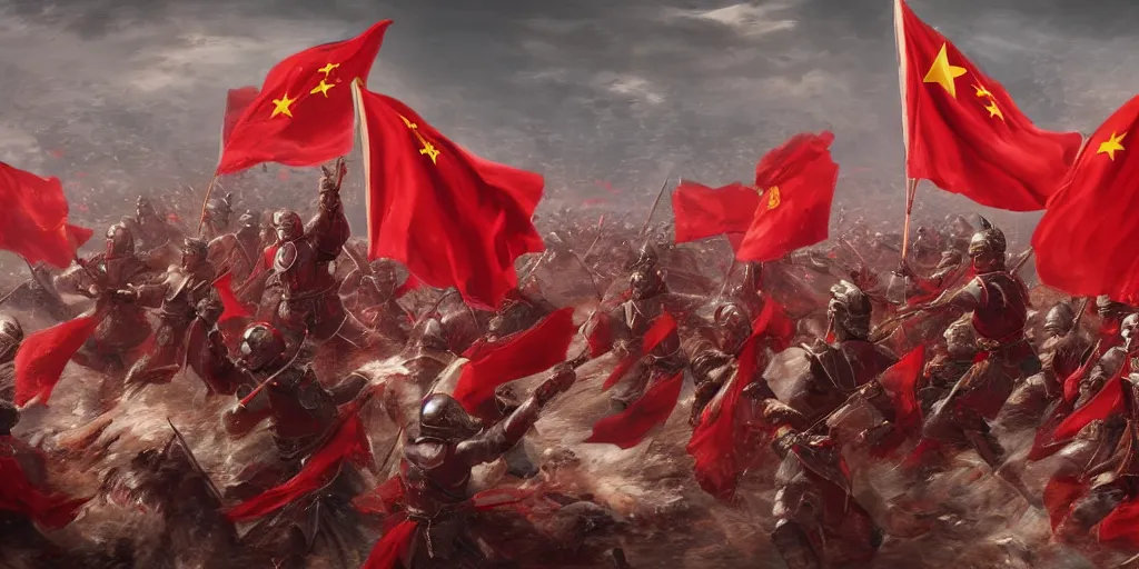 Image similar to mid shot cinematic artwork of a President Xi commanding an ancient Chinese army wearing red armor and holding red flags on the battlefield by greg rutowski, masterpiece, 4k