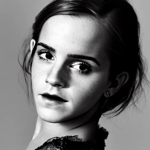 Image similar to Emma Watson closeup smiling face shoulders very long hair Vogue fashion shoot fashion poses detailed professional studio lighting dramatic shadows professional photograph by Cecil Beaton, Lee Miller, Irving Penn, David Bailey, Corinne Day, Patrick Demarchelier, Nick Knight, Herb Ritts, Mario Testino, Tim Walker, Bruce Weber, Edward Steichen, Peter Lindbergh, Albert Watson