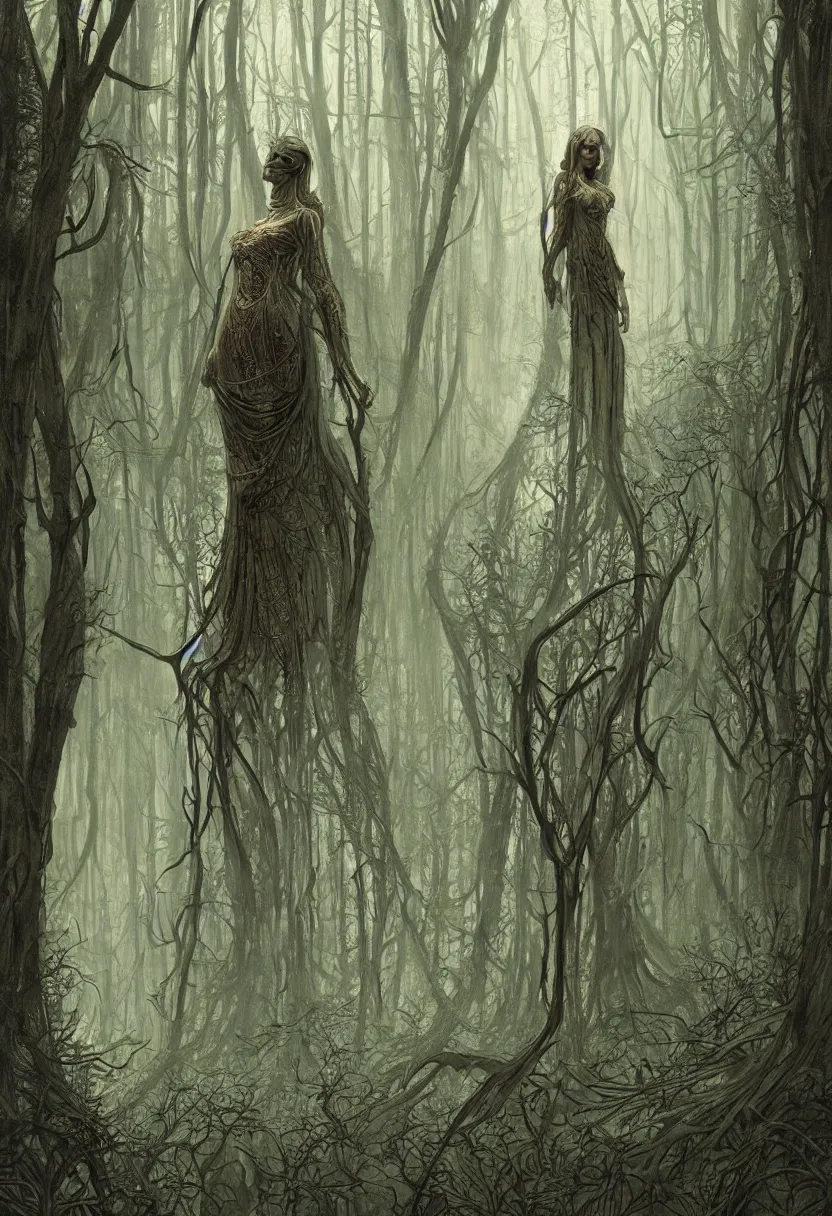 Image similar to a beautiful woman in a spooky forest, by daniel - by greg rutkowski and raymond swanland hr giger and zdzislaw beksinski and alphonse mucha and moebius, matte painting, hyperdetailed, symmetry, art nouveau, beautiful render, concept art