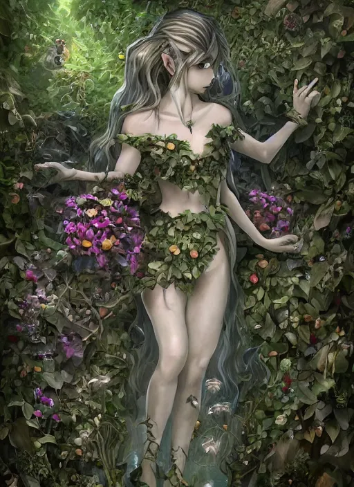 Image similar to beautiful full body portrait of the legend of Zelda ocarina of time great fairy, her body wrapped with ivy vines leaves and flowers, dark fantasy esoteric, D&D, fantasy, cinematic lighting, intricate, elegant, highly detailed, digital painting, artstation, concept art, matte, sharp focus, illustration, art by Artgerm and Tom Bagshaw and Greg Rutkowski and Alphonse Mucha