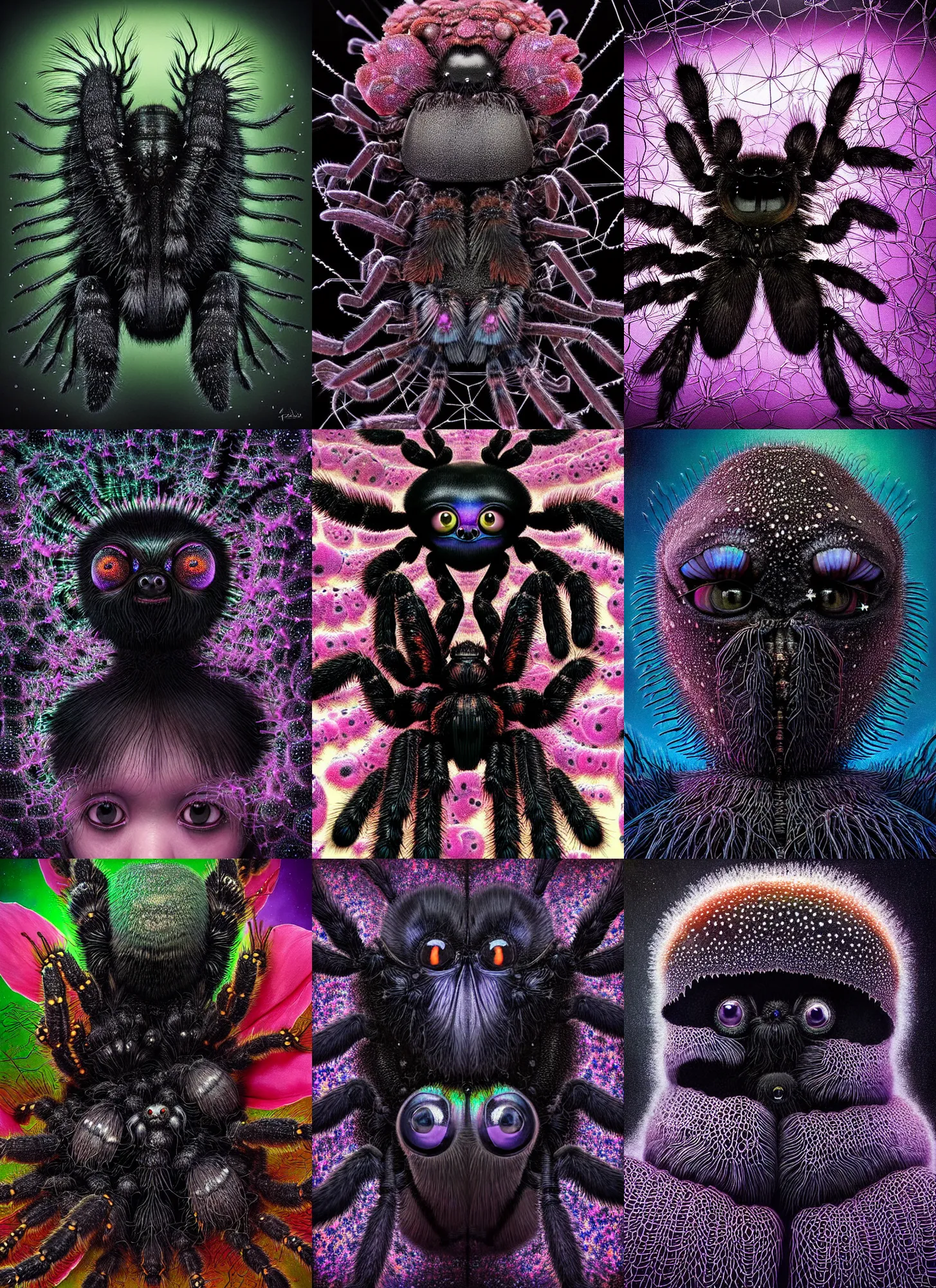 Prompt: hyper detailed 3d render like a dark Oil painting - kawaii portrait Aurora (a black haired tarantula faced princess from the future) seen Eating of the Strangling network of (charcoal and ben day dots) and milky Fruit and Her delicate pedipalps hold of gossamer polyp blossoms bring iridescent fungal flowers whose spores black the foolish stars by Jacek Yerka, Ilya Kuvshinov, Glenn Barr, Mariusz Lewandowski, Houdini algorithmic generative render, Abstract brush strokes, Masterpiece, Edward Hopper and James Gilleard, Zdzislaw Beksinski, Mark Ryden, Wolfgang Lettl, hints of Yayoi Kasuma, octane render, 8k